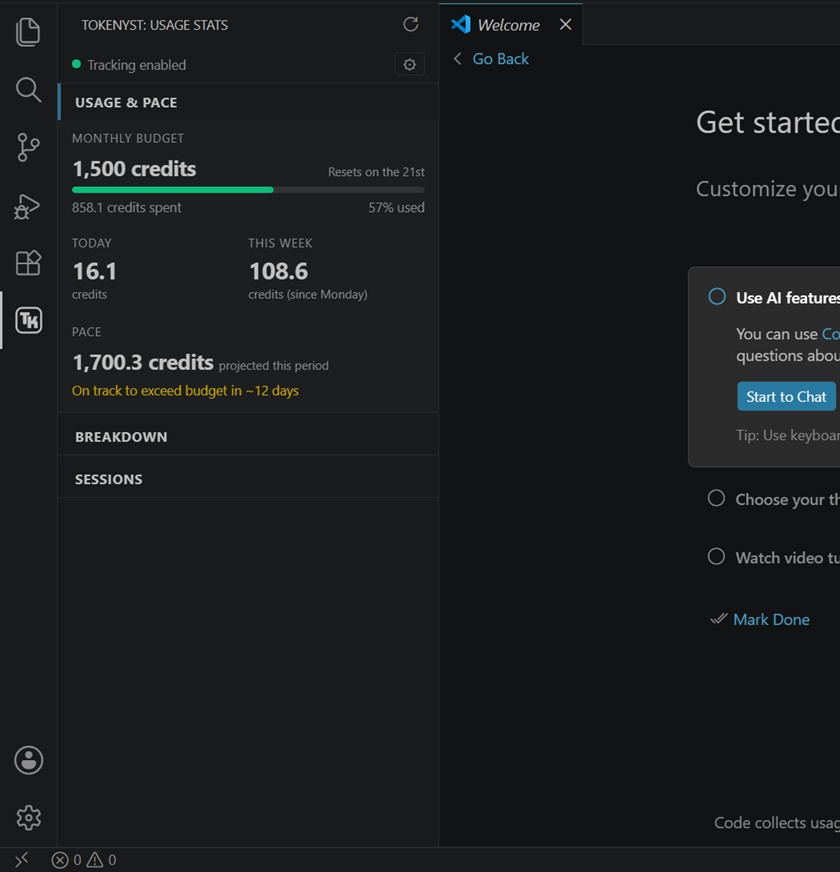 Tokenyst Usage Stats panel in the VS Code sidebar, showing monthly budget, KPIs, and breakdowns