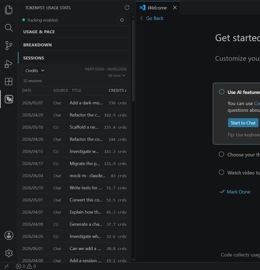 Sessions view: sortable list of individual Chat and CLI sessions